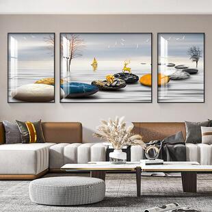 石来运转客厅装饰画现代简约晶瓷画三联画大气招财沙发背景墙挂画