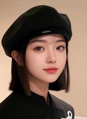 EVS 日系黑色贝雷帽女款2025新款秋冬大头围显脸小八角帽画家帽子