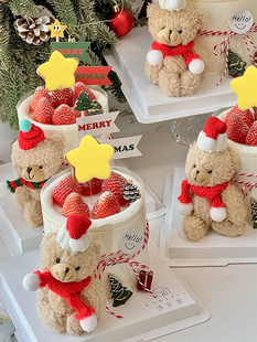 圣诞节毛绒小熊蛋糕装饰摆件可爱卡通圣诞帽围巾泰迪熊挂件插件