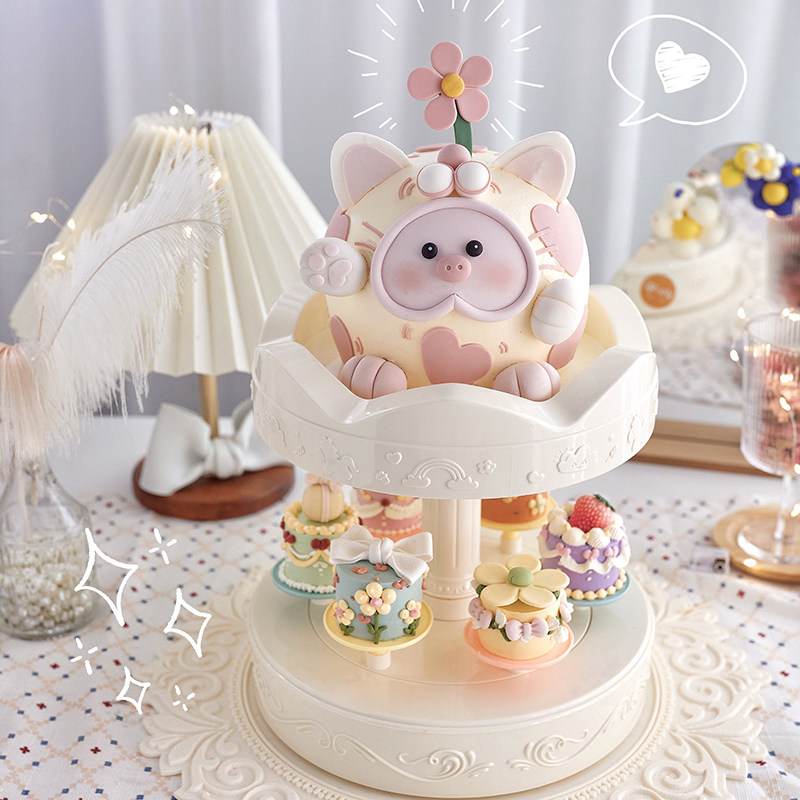 网红双层旋转木马纸杯蛋糕机自动回转甜品转台派对熊兔虎装饰摆件