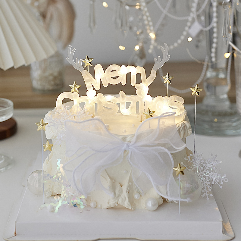 网红圣诞节蛋糕装饰摆件发光灯Merry Christmas丝带珍珠星星插件