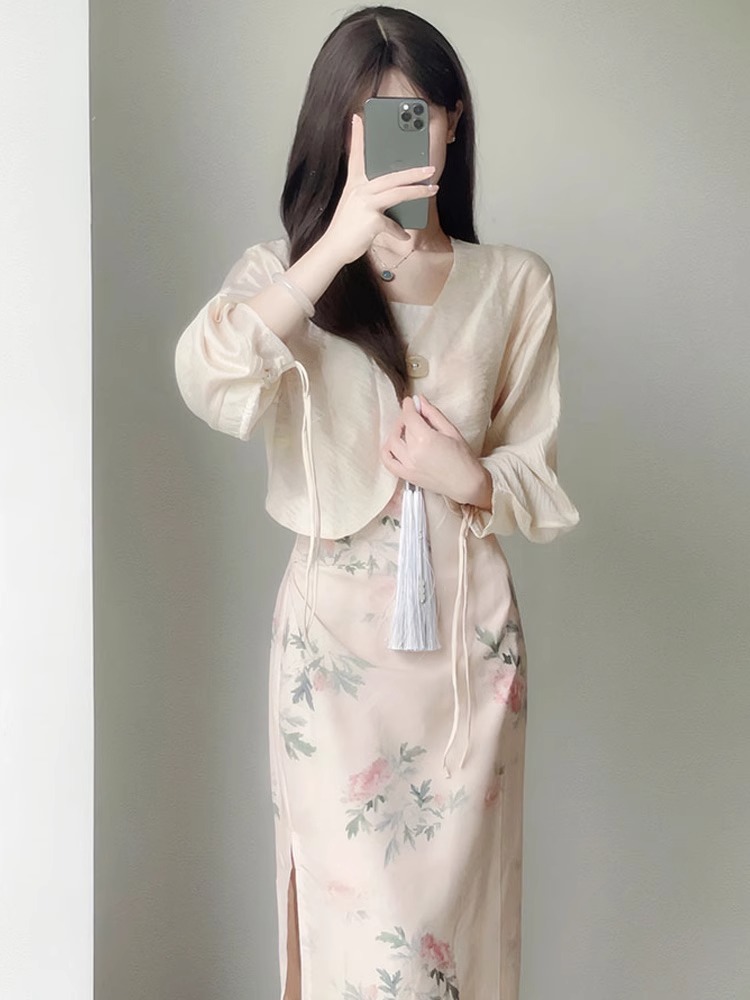 新中式中国风吊带连衣裙女夏季2024新款改良旗袍长裙开衫两件套装