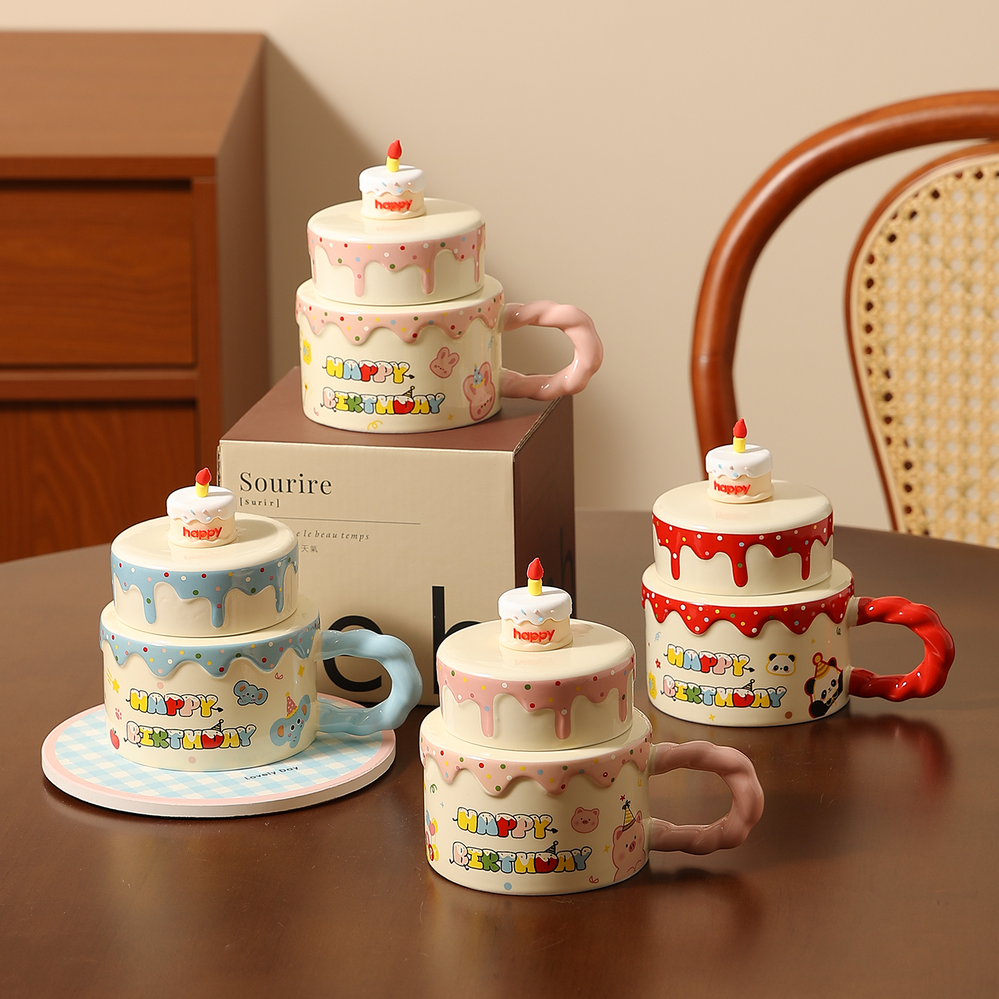 cookzone生日蛋糕陶瓷带盖马克杯