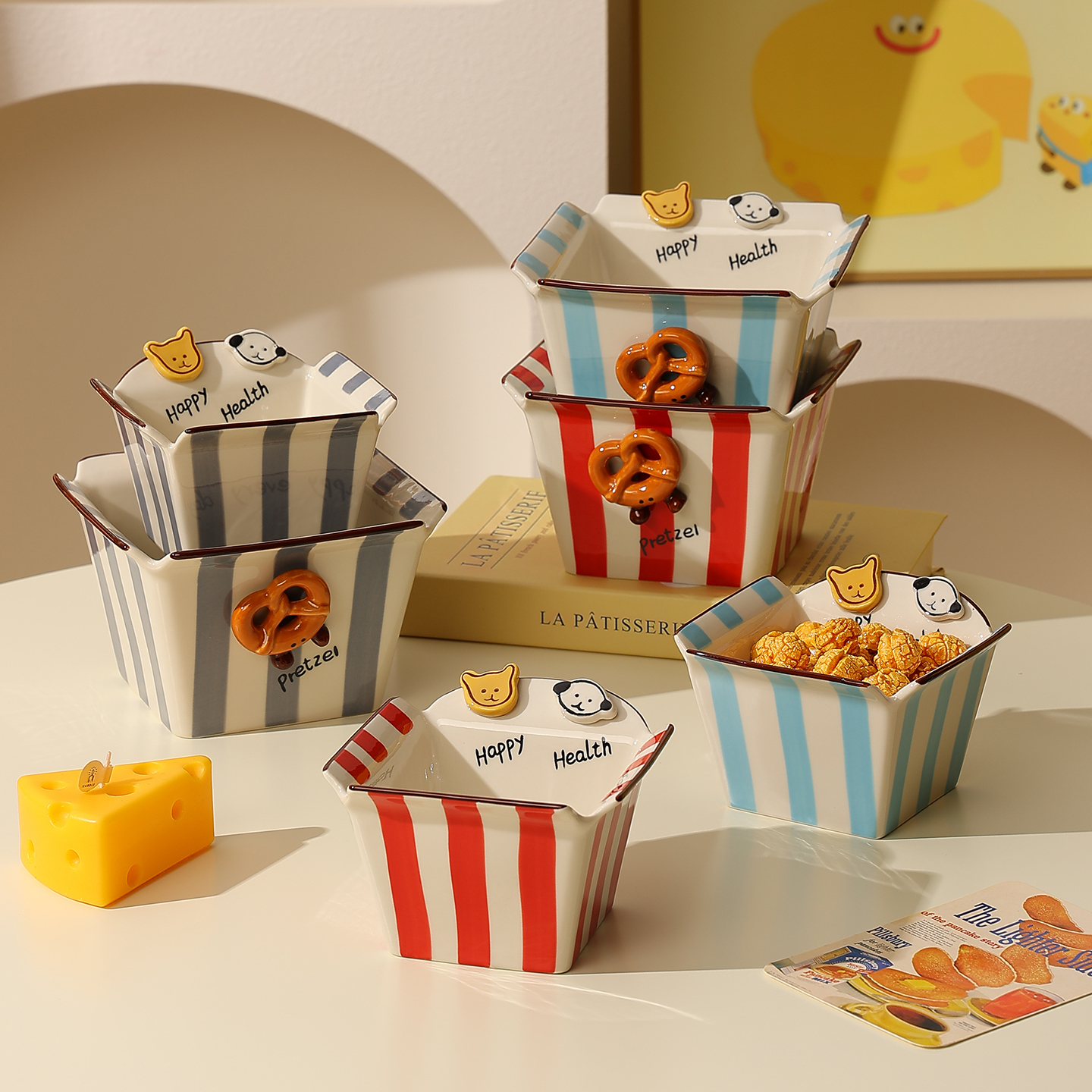 cookzone陶瓷釉下彩浮雕可爱方碗