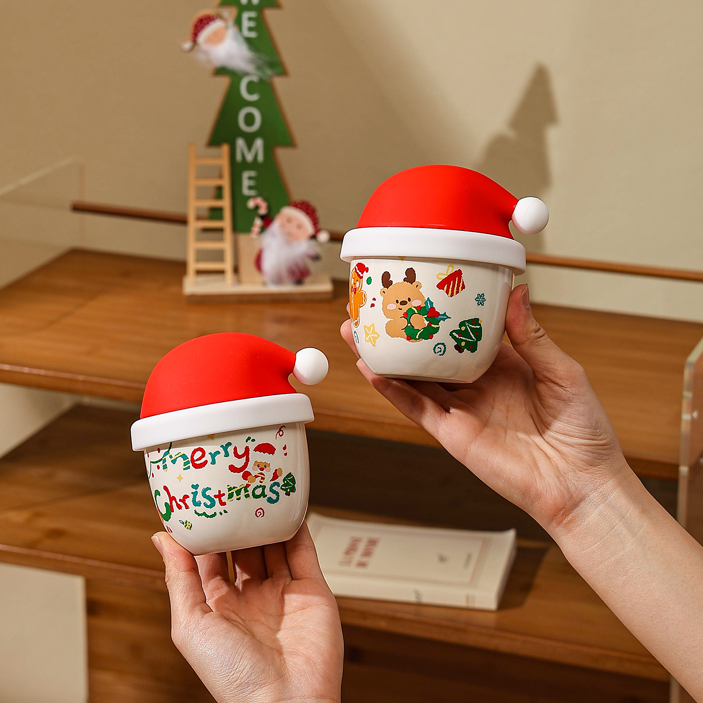 cookzone可爱圣诞帽杯子带盖水杯