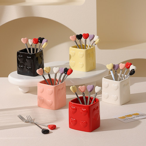 许多爱心水果叉轻奢高级感304不锈钢叉子收纳罐艺术水果签蛋糕叉