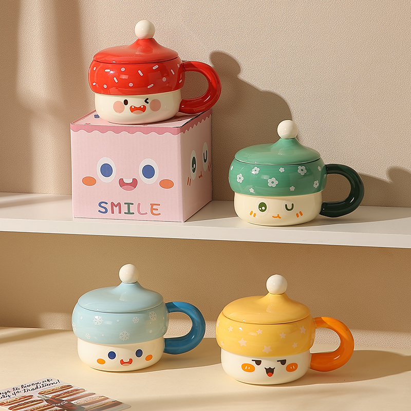 可爱表情马克杯带盖带勺陶瓷杯子
