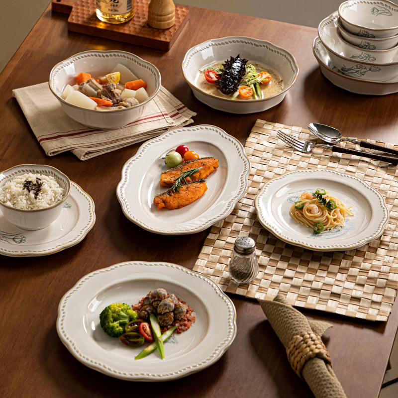 复古法式玫瑰釉下彩碗碟套装家用