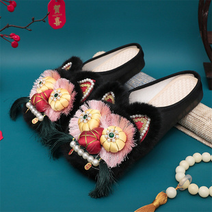 民族风手工虎头包头拖鞋复古平底老北京布鞋中式外穿汉服绣花鞋女
