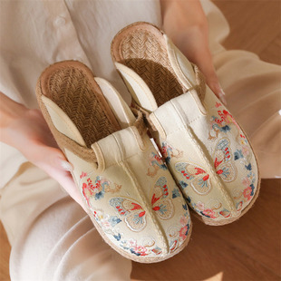 夏季外穿牛筋底包头拖鞋民族风软底老北京布鞋复古亚麻绣花女凉鞋