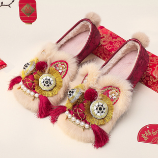 冬季中式民族风兔毛虎头棉鞋女加绒老北京汉服布鞋保暖古风绣花鞋