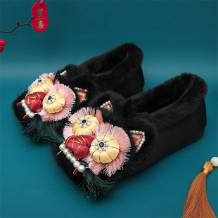 手工冬季加绒成人虎头鞋中国风软底老北京布鞋古风汉服保暖棉鞋女