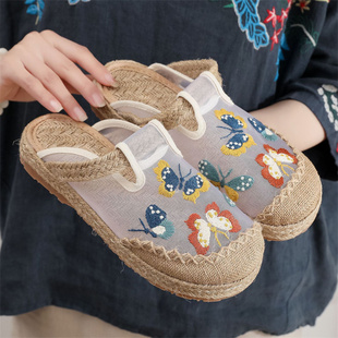 新款夏季包头网纱绣花拖鞋女民族风透气亚麻老北京布拖鞋外穿凉鞋