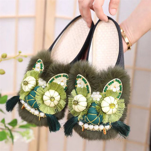 手工民族风软底虎头包头拖鞋复古老北京布拖鞋中式汉服绣花女凉鞋