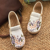 圆头牛筋底复古汉服单鞋 新款 女亚麻透气绣花鞋 国风老北京布鞋 中式