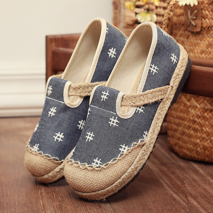 亚麻学生渔夫鞋一脚蹬透气绣花鞋