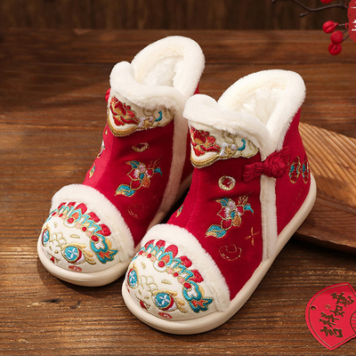 女童加绒保暖拜年棉鞋软底绣花靴