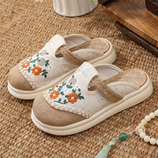 女亚麻透气渔夫凉鞋 夏季 国风老北京布鞋 中式 厚底古风包头绣花拖鞋