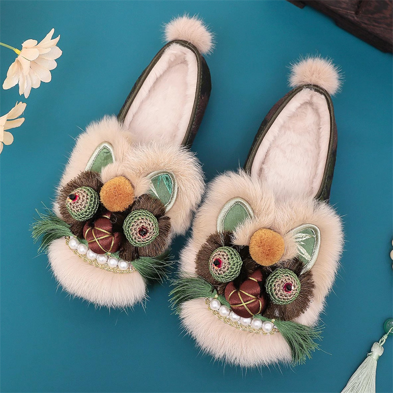 平跟加绒保暖手工虎头棉鞋女古风