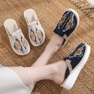 春夏棉麻包头老北京懒人布拖鞋厚底增高民族风一脚蹬绣花女凉拖鞋