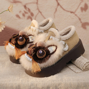 新中式冬季国风手工虎头棉鞋保暖国潮汉服鞋女松糕厚底加绒勃肯鞋