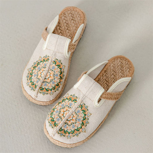 春夏中国风老北京厚底布鞋亚麻可外穿包头拖鞋透气懒人绣花凉鞋女