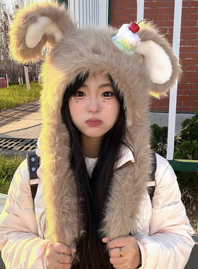 樱桃小兔耳朵会动加绒护耳帽女
