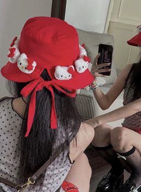 自制甜美HelloKitty红色遮阳帽亚文化Y2K出游渔夫帽夏日百搭帽子