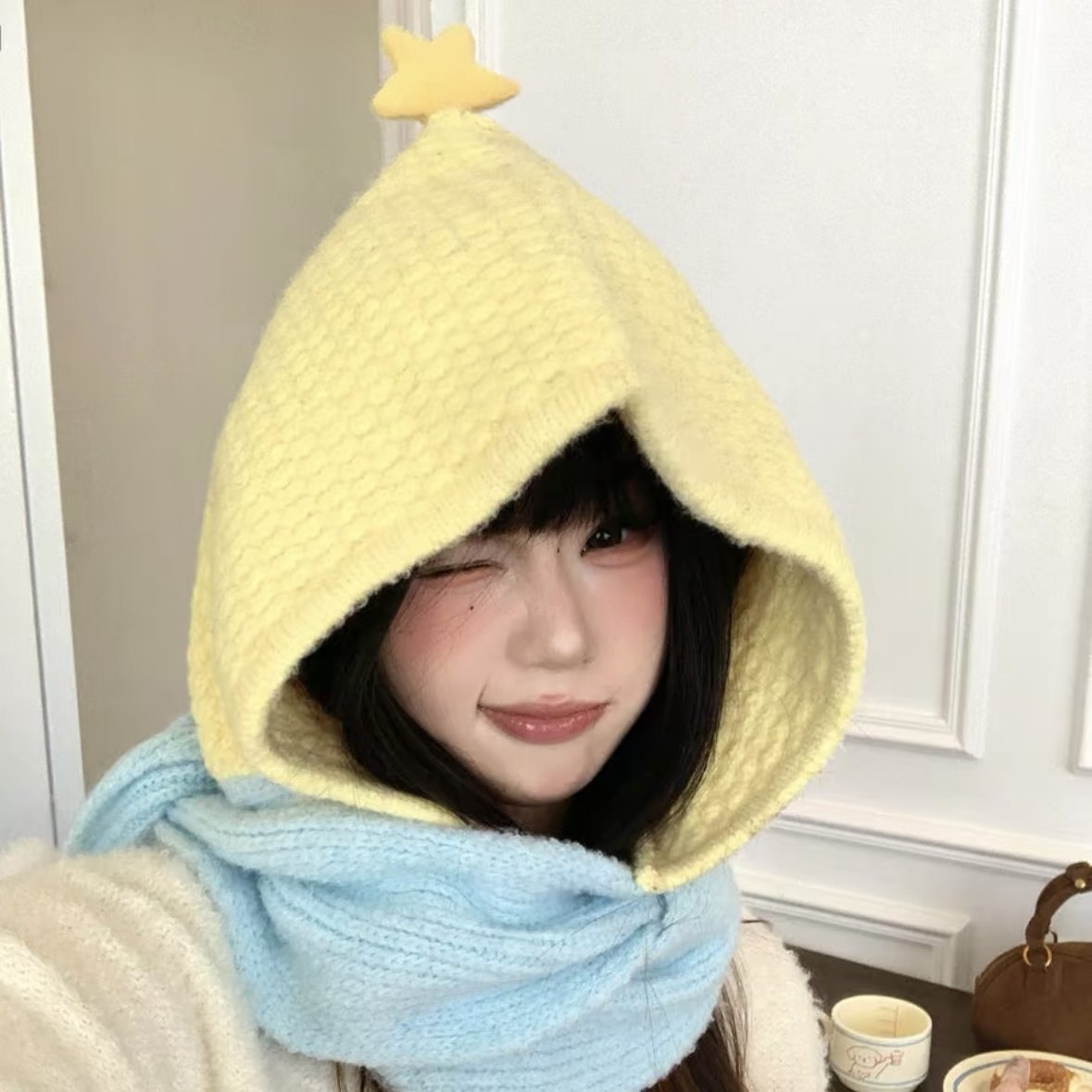 可爱减龄黄色星星针织帽子围巾一体女冬季礼物保暖少女学生毛线帽,服饰配件/皮带/帽子/围巾,帽子,淘宝优惠券,粉丝福利购,淘宝优惠卷