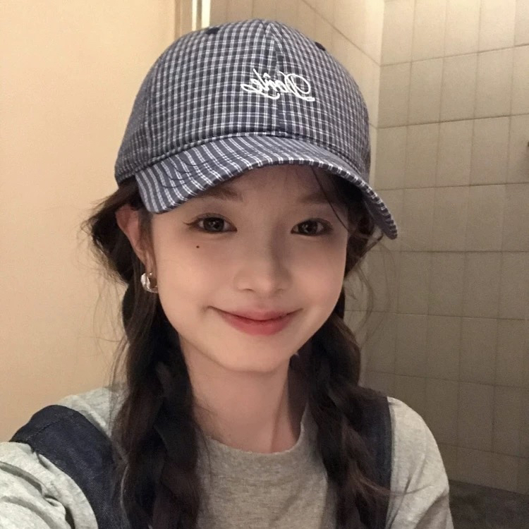 韩国新款格子字母刺绣鸭舌帽子男女夏季百搭宽檐软顶棒球帽显脸小
