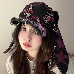 原创个性y2k暗黑色狐狸耳朵鸭舌帽子女春夏可爱兔耳金属扣棒球帽