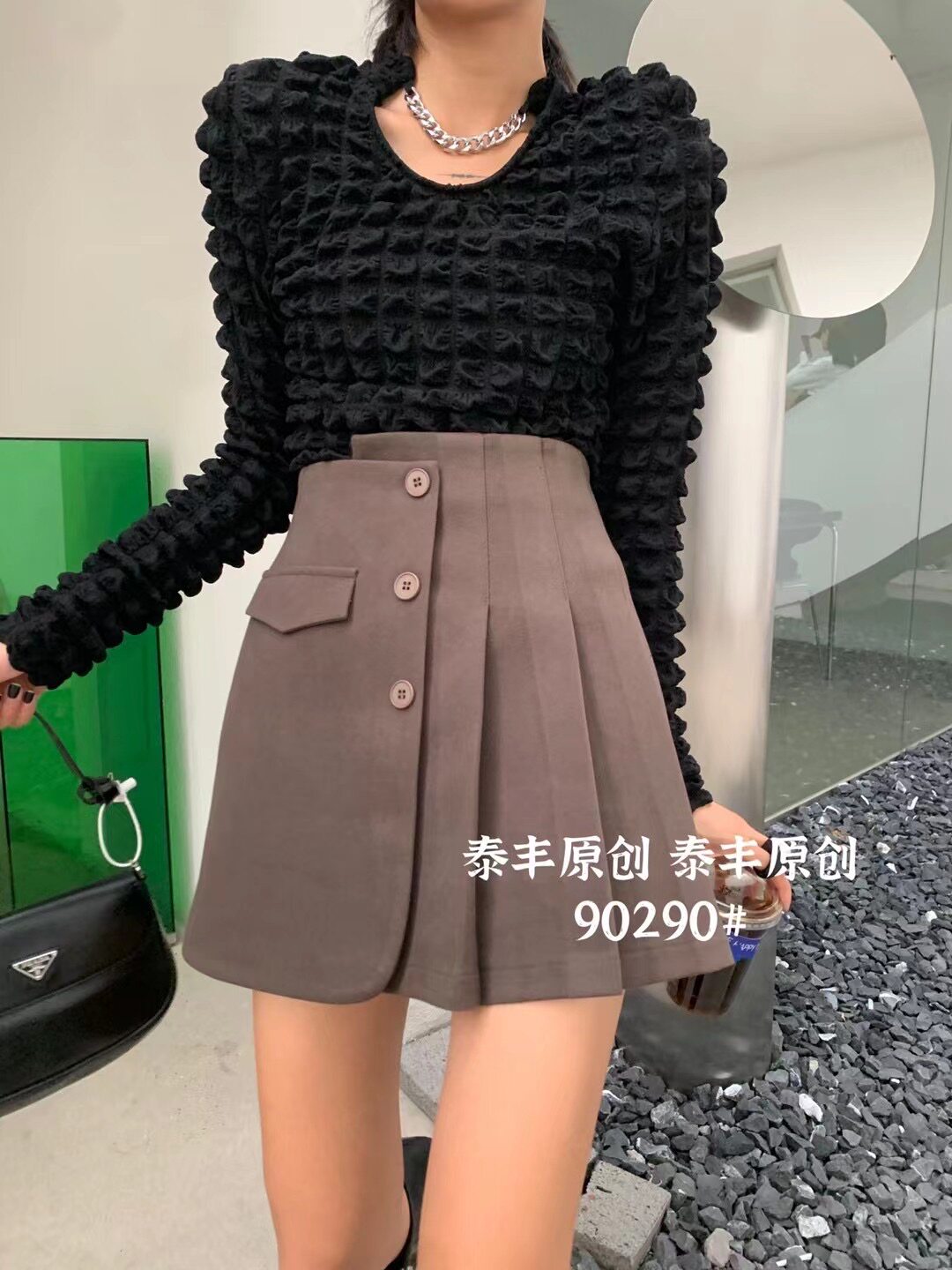 泰丰正品90290短裤裙女2023秋季新品高腰单排扣A字裙呢子百褶短裙