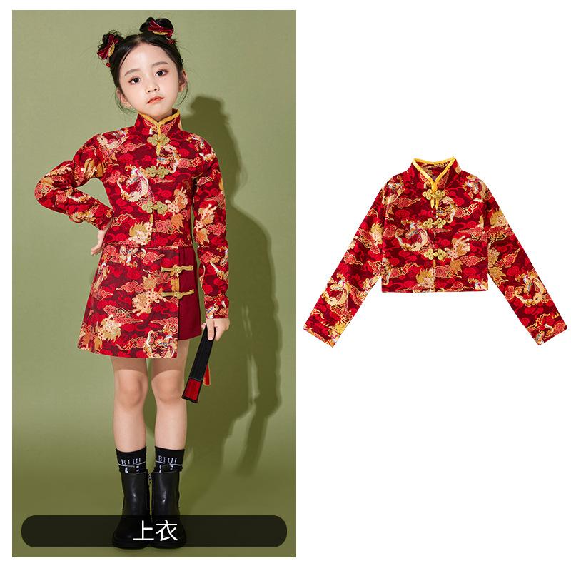 元旦儿童中国风演出服女童旗袍古筝表演服拜年服红色男童唐装礼服