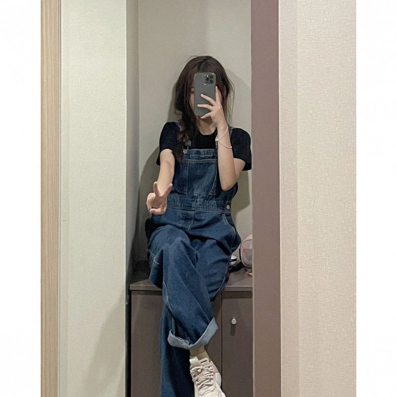 牛仔背带裤女设计感大码女装韩版春秋直筒宽松减龄高腰显瘦胖mm裤
