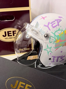 台湾JEF复古头盔炫彩狂想米白涂鸦3C电动摩托车3/4盔男女通用四季