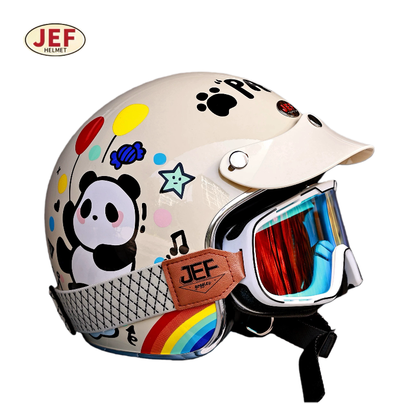 台湾JEF复古踏板摩托车头盔3C男女熊猫派对四分之三盔可爱四季盔