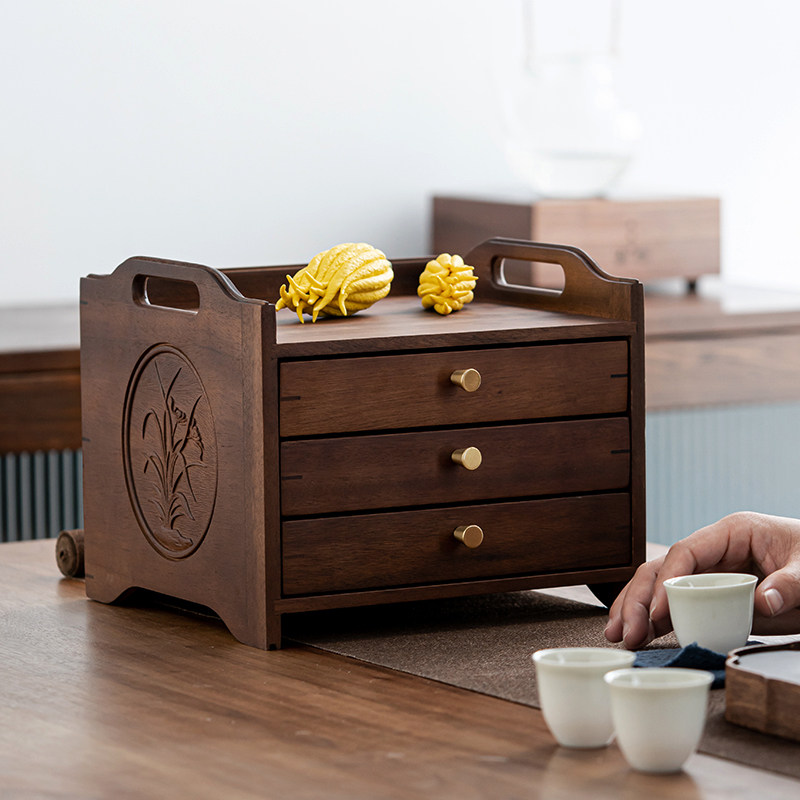 胡桃木普洱储茶盒可叠加茶饼存茶盒开茶盘实木茶具收纳盒普洱茶柜