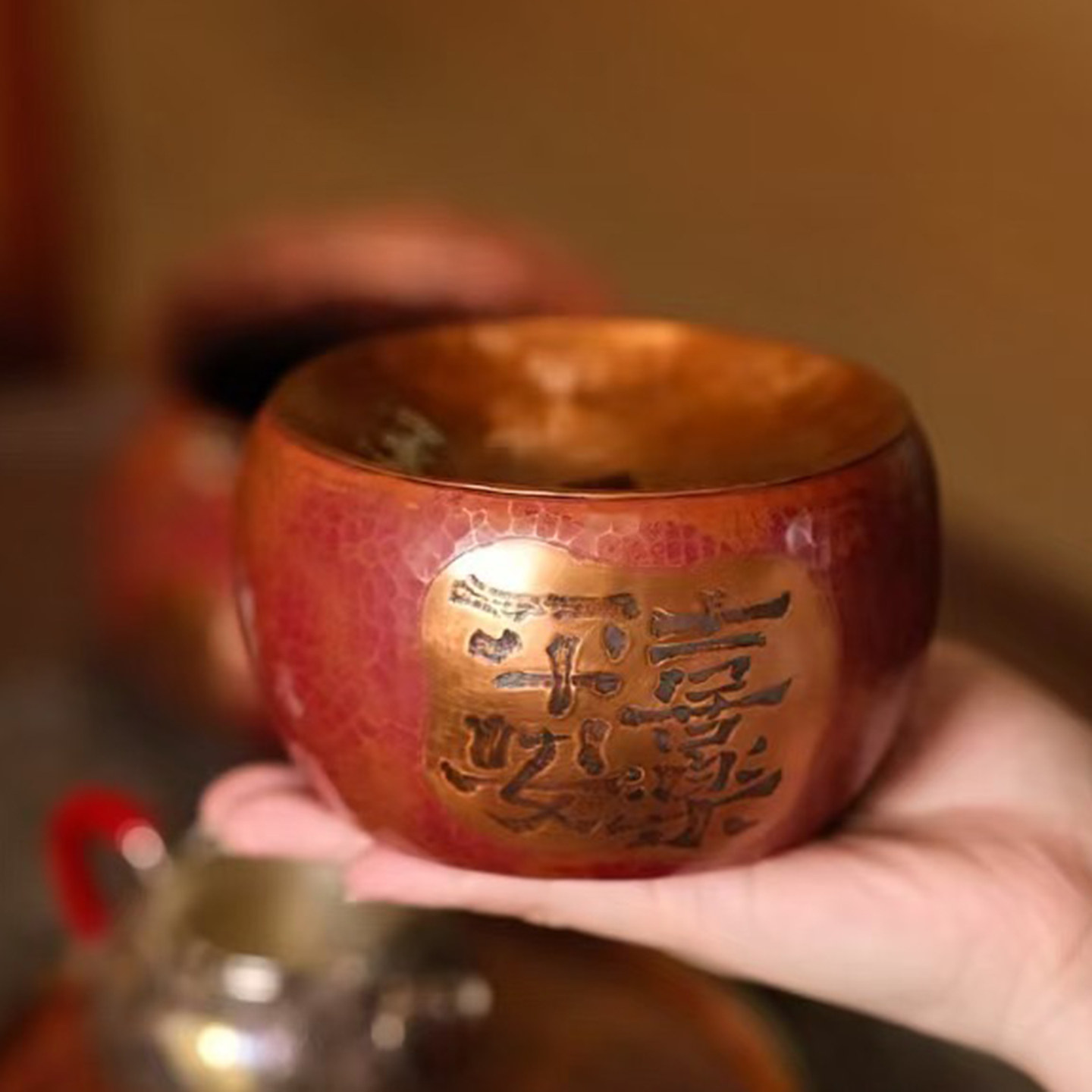 紫铜錾刻建水茶桌茶杯收纳壶承