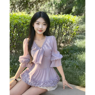 紫雾美学 星黛露紫木耳边蝴蝶结仙仙上衣+短裙套装夏季度假两件套