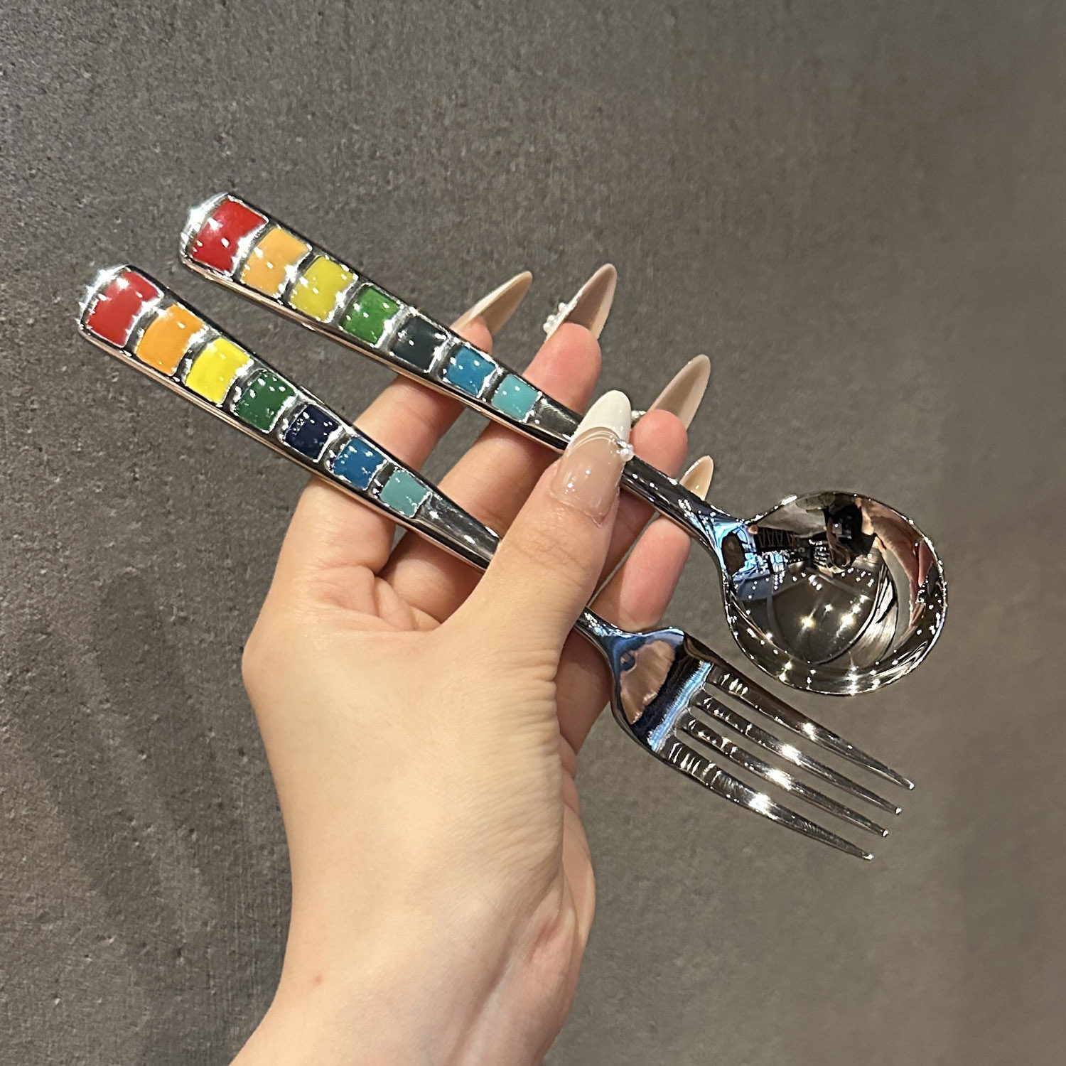 出口西班牙！彩虹勺叉套装！不锈钢儿童圆勺子甜品叉质感汤匙调羹