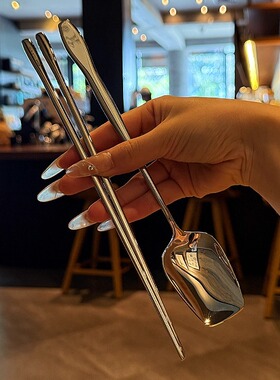 「出韩国VE18-10锻造长柄」吃饭勺拌饭勺子实心扁筷子优雅餐具套