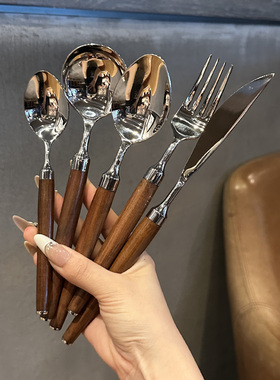 红贵宝木柄！18/10不锈钢刀叉勺套装主餐勺主餐叉圆头勺牛排刀叉