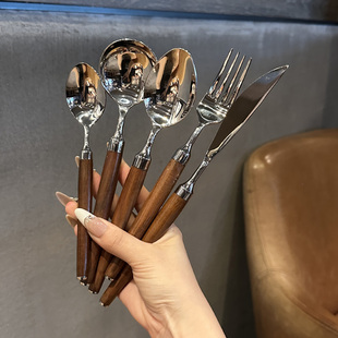 红贵宝木柄！18/10不锈钢刀叉勺套装主餐勺主餐叉圆头勺牛排刀叉