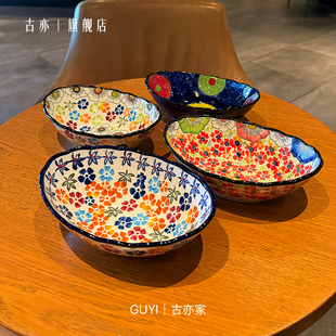 「波兰手绘元宝碗」家用釉下彩陶瓷中古风汤碗面碗饭碗水果沙拉碗