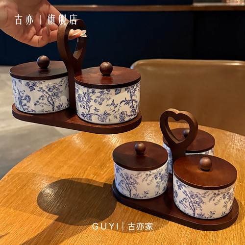 复古蓝色花卉陶瓷托盘分格点心