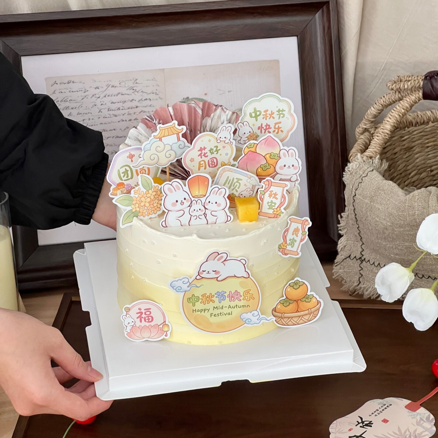 2026八月十五中秋节蛋糕装饰中秋玉兔小兔子月圆良宵节日装扮插牌