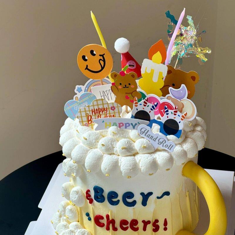 ins风小熊插牌蛋糕装饰笑脸雨丝毛球小帽子生日烘焙装扮甜品配件