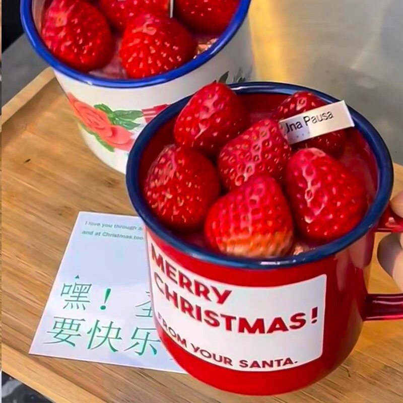 2026圣诞节草莓蛋糕搪瓷杯茶杯复古怀旧茶缸蛋糕装饰烘焙甜品装扮