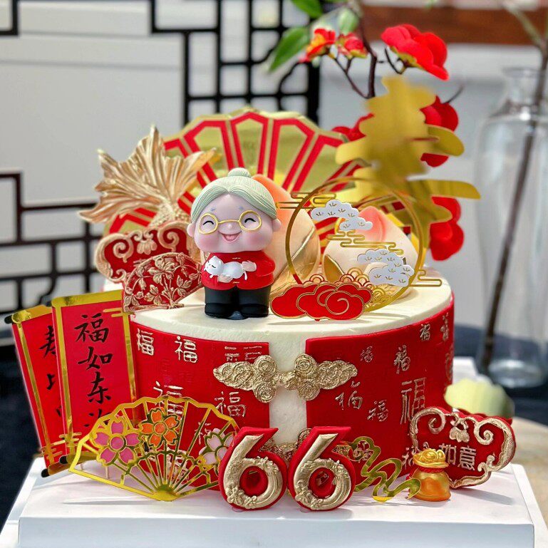 新中式祝寿蛋糕装饰健康长寿仙鹤祥云亚克力爷爷奶奶生日烘焙装扮