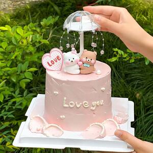 七夕情人节连体熊蛋糕装饰插件为爱撑伞情侣表白love生日烘焙装扮